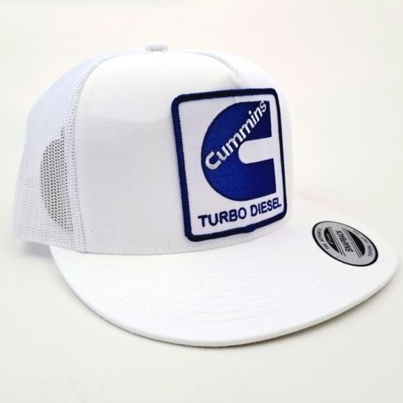 Cummins Turbo Diesel Engines Flat Bill Trucker Mesh Snapback Cap Hat White Patch
